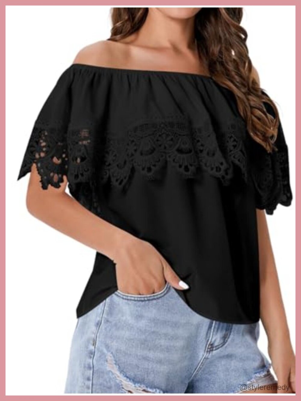 Lace Off Shoulder Ruffle Trim Blouse Short Sleeve Casual Top